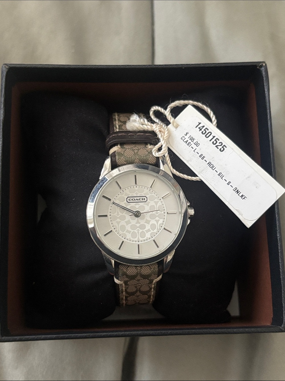 Coach Silver Dial Watch with Brown Signature Canvas Band